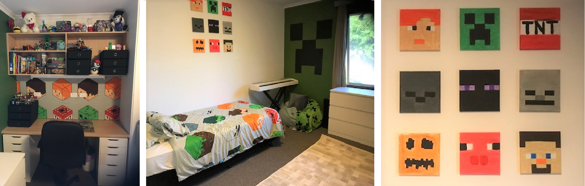 Bedroom decorated with Minecraft figures, including a work desk with tactile stimuli, a key board and a bean bag